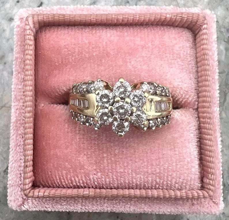 14k Yellow Gold Diamond Cluster Ring with Baguette Accents