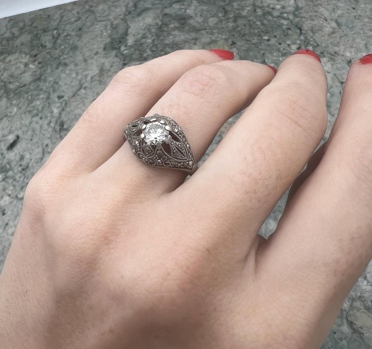 14k White Gold Antique Art Deco Filigree Moissanite Ring 3