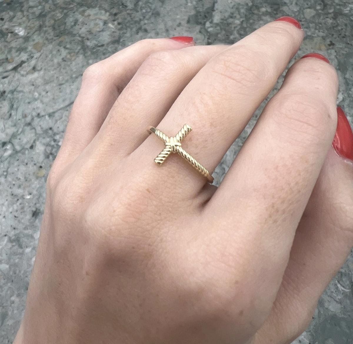 14k Gold Twisted Rope Cross Ring 3