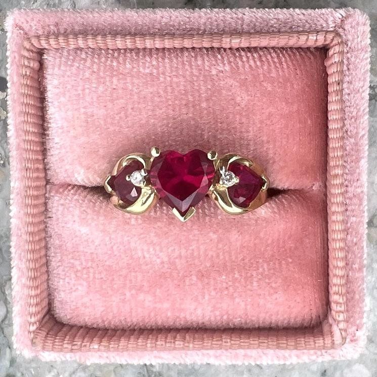 14k Gold Triple Heart Ruby Ring with Diamond Accents