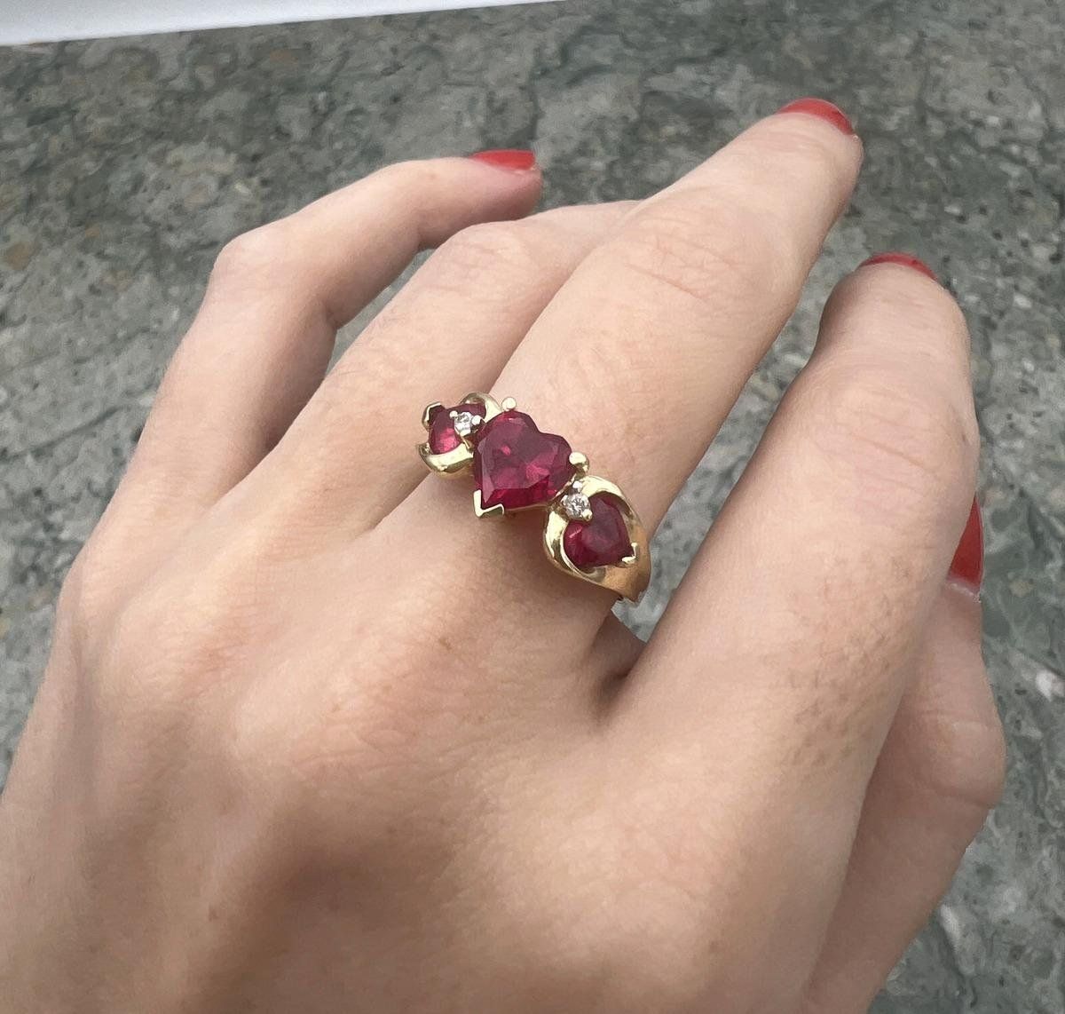 14k Gold Triple Heart Ruby Ring with Diamond Accents 3