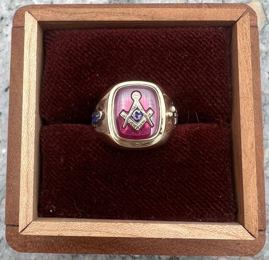 10k Vintage Masonic Gold Ring with Red Stone and Blue Accents