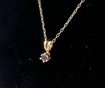 14k Gold Chain Necklace with Purple Stone Solitaire Pendant. 17" Chain. 4
