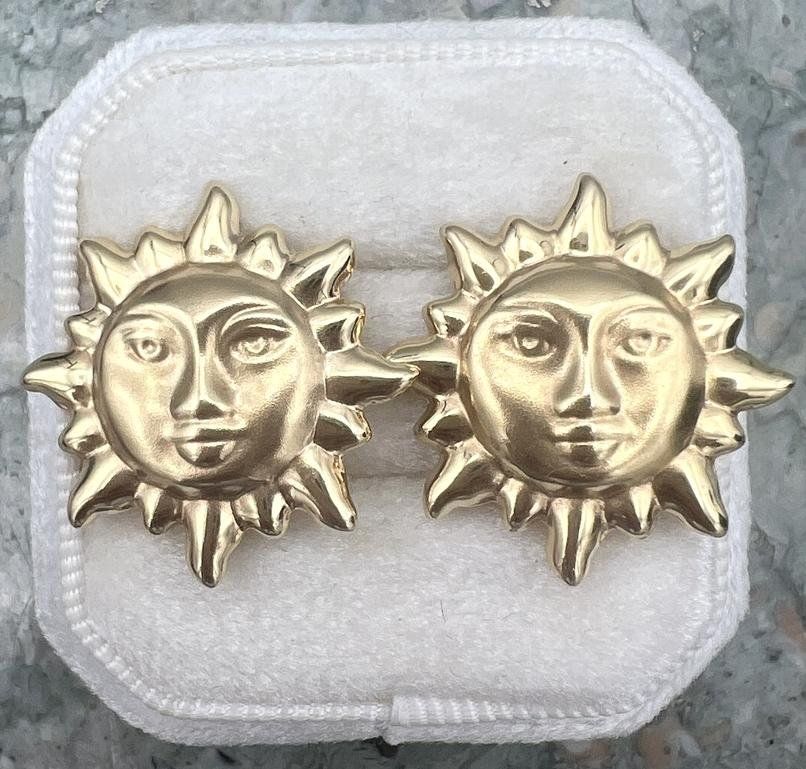 14k Gold Sun Face Earrings Celestial Motif Vintage