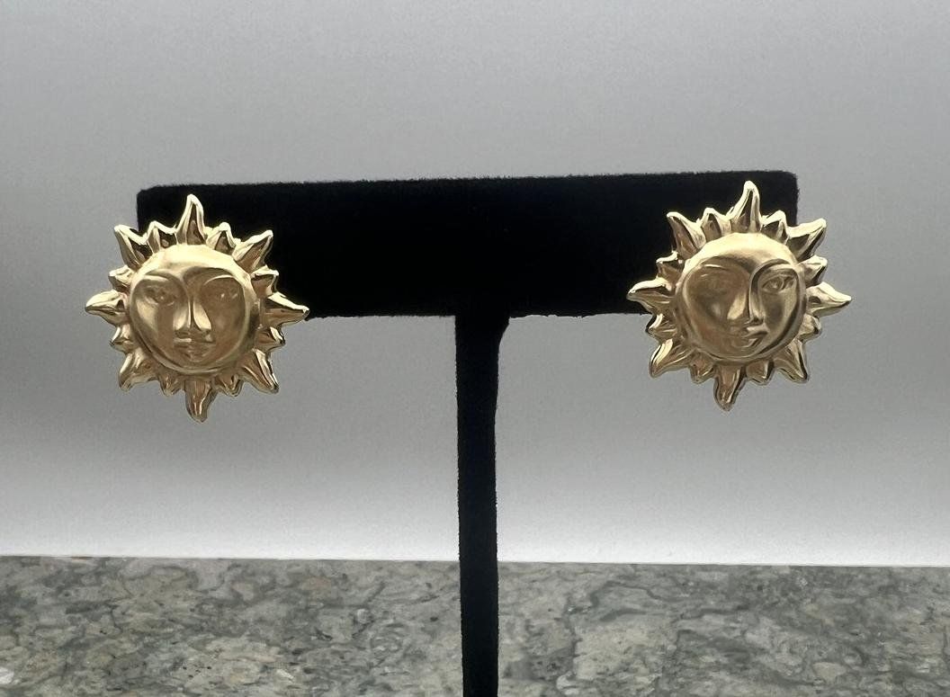 14k Gold Sun Face Earrings Celestial Motif Vintage 2