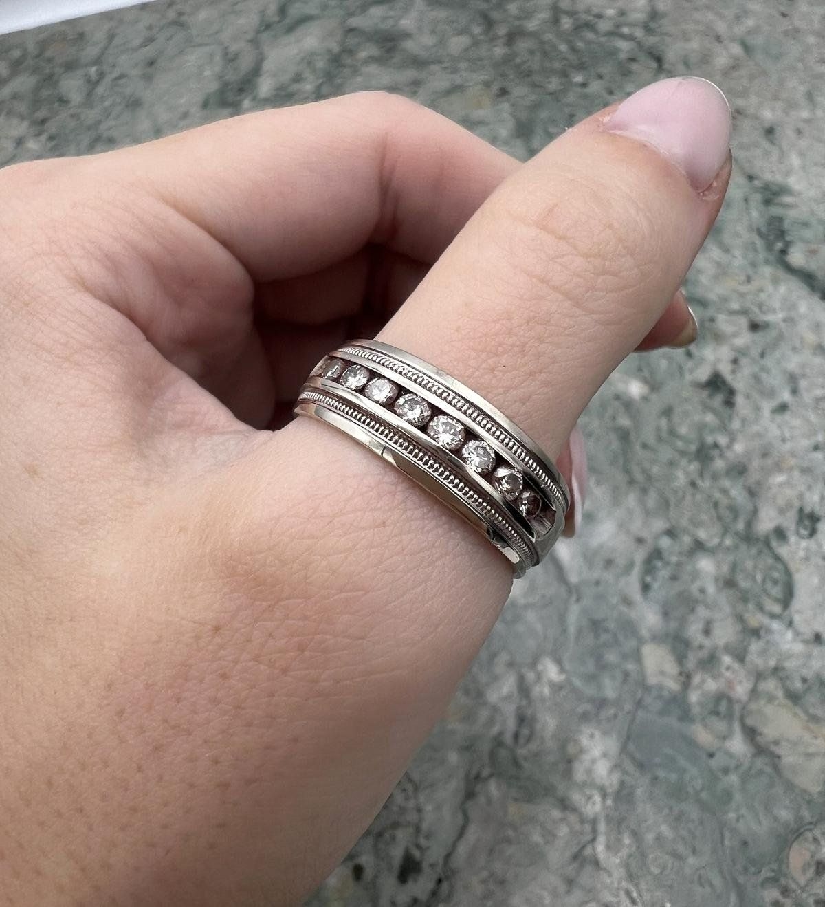 14k White Gold Channel-Set Diamond Band with Milgrain Detail 3