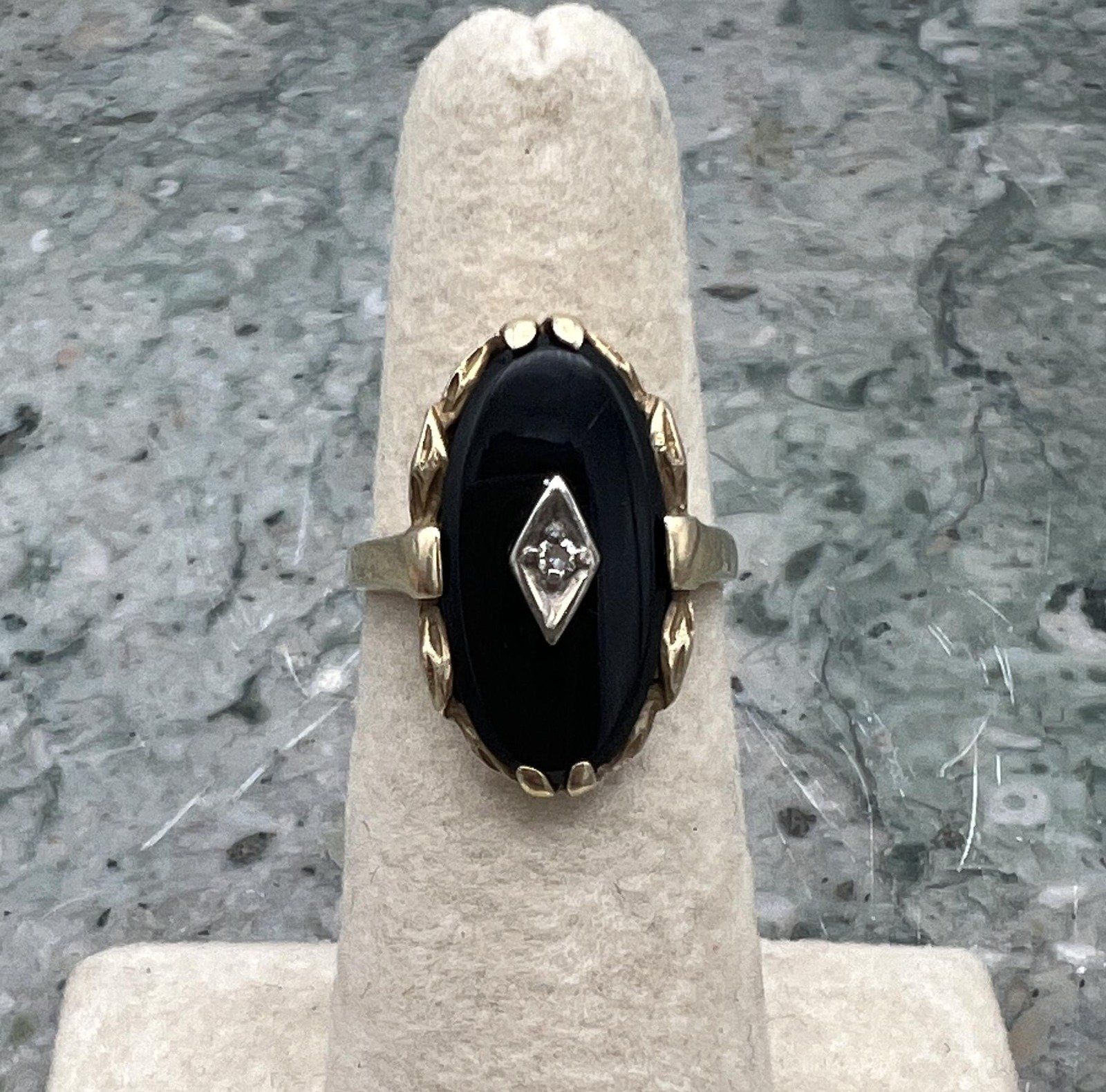 10k Vintage Gold Black Onyx Diamond Accent Ring Art Deco Style 2