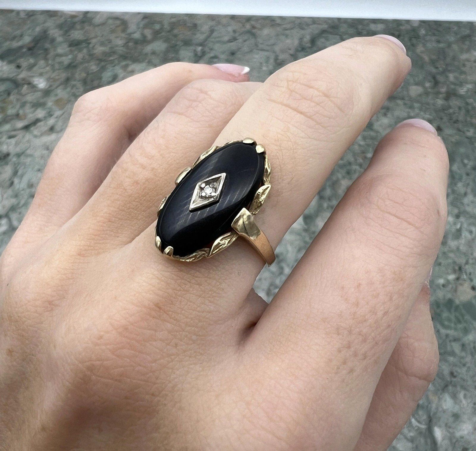 10k Vintage Gold Black Onyx Diamond Accent Ring Art Deco Style 3