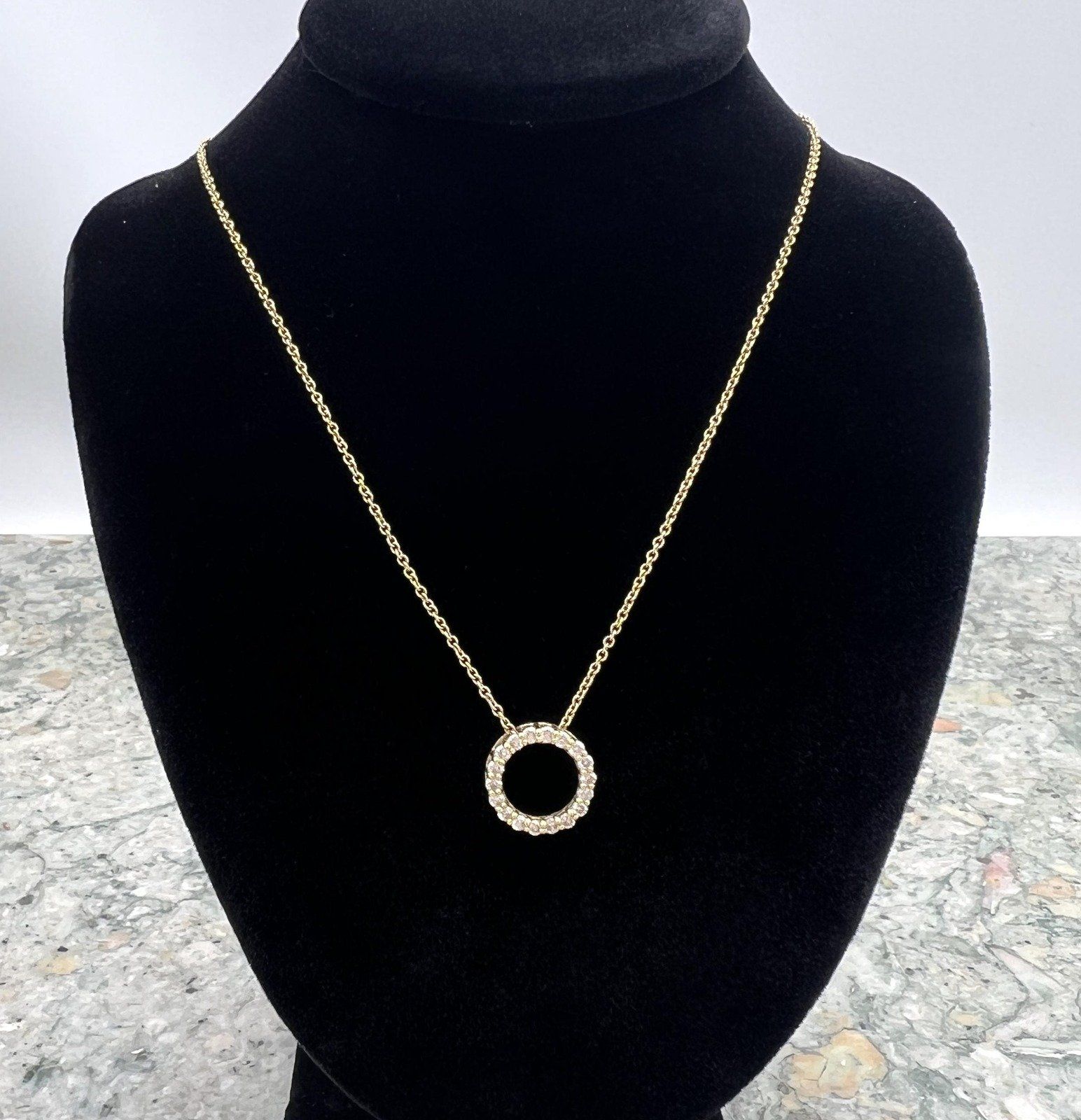 18k Tiffany Co. Gold Circle Pendant Necklace with Diamond Accents. 18" Chain.