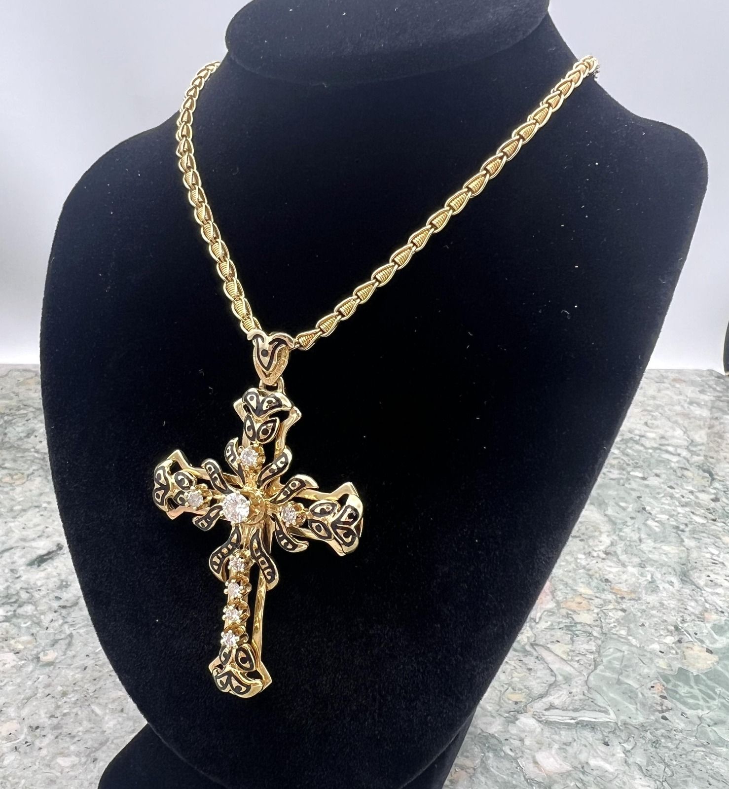 14k Gold Ornate Cross Pendant Necklace with Diamonds. 24" Chain. 3