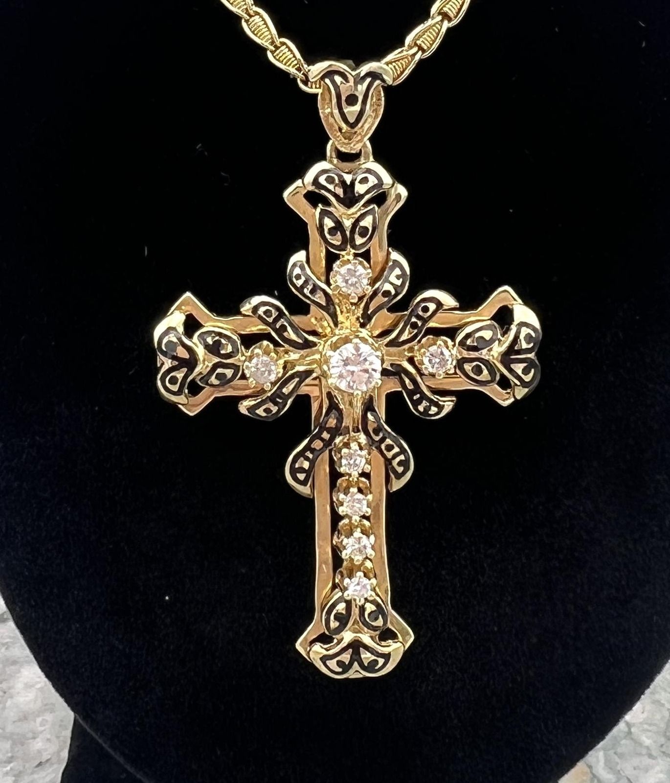 14k Gold Ornate Cross Pendant Necklace with Diamonds. 24" Chain. 2