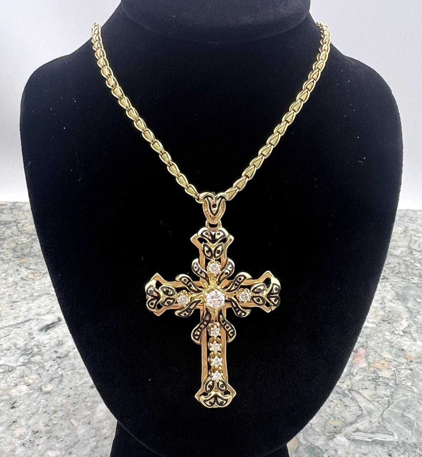 14k Gold Ornate Cross Pendant Necklace with Diamonds. 24" Chain.