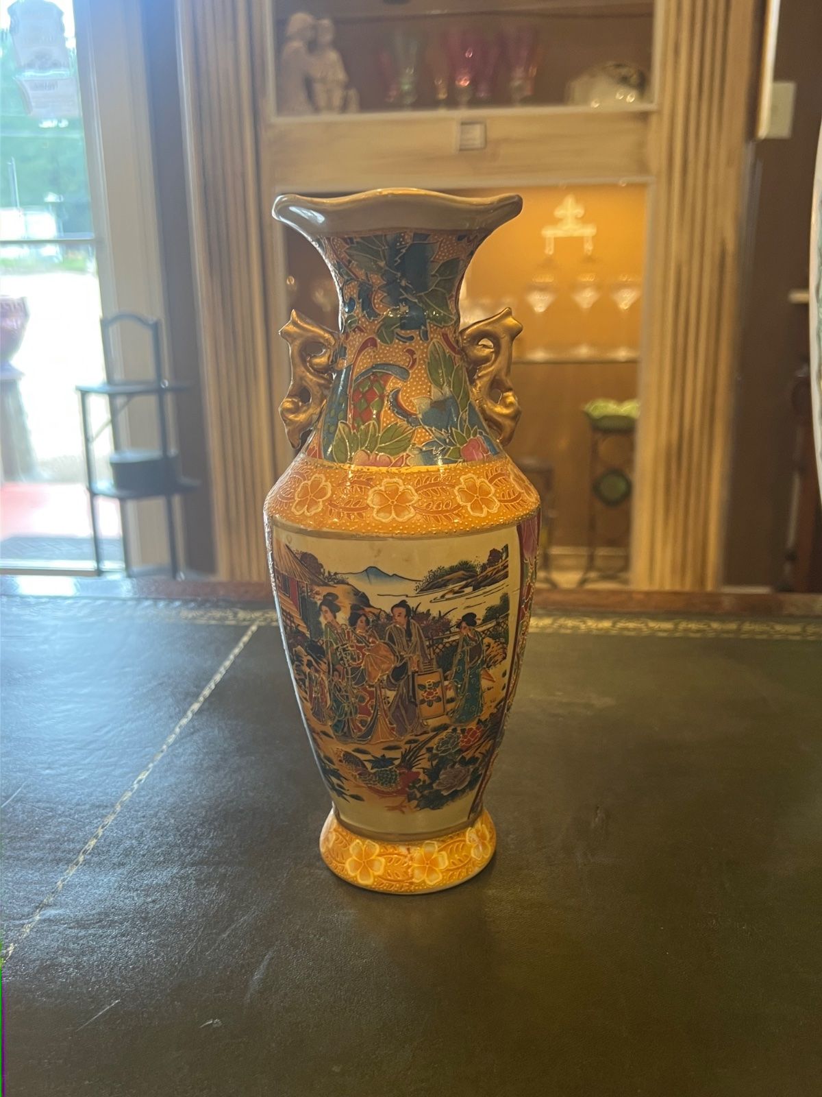 Vintage Japanese Satsuma Style Vase Double Handle Geisha Scene