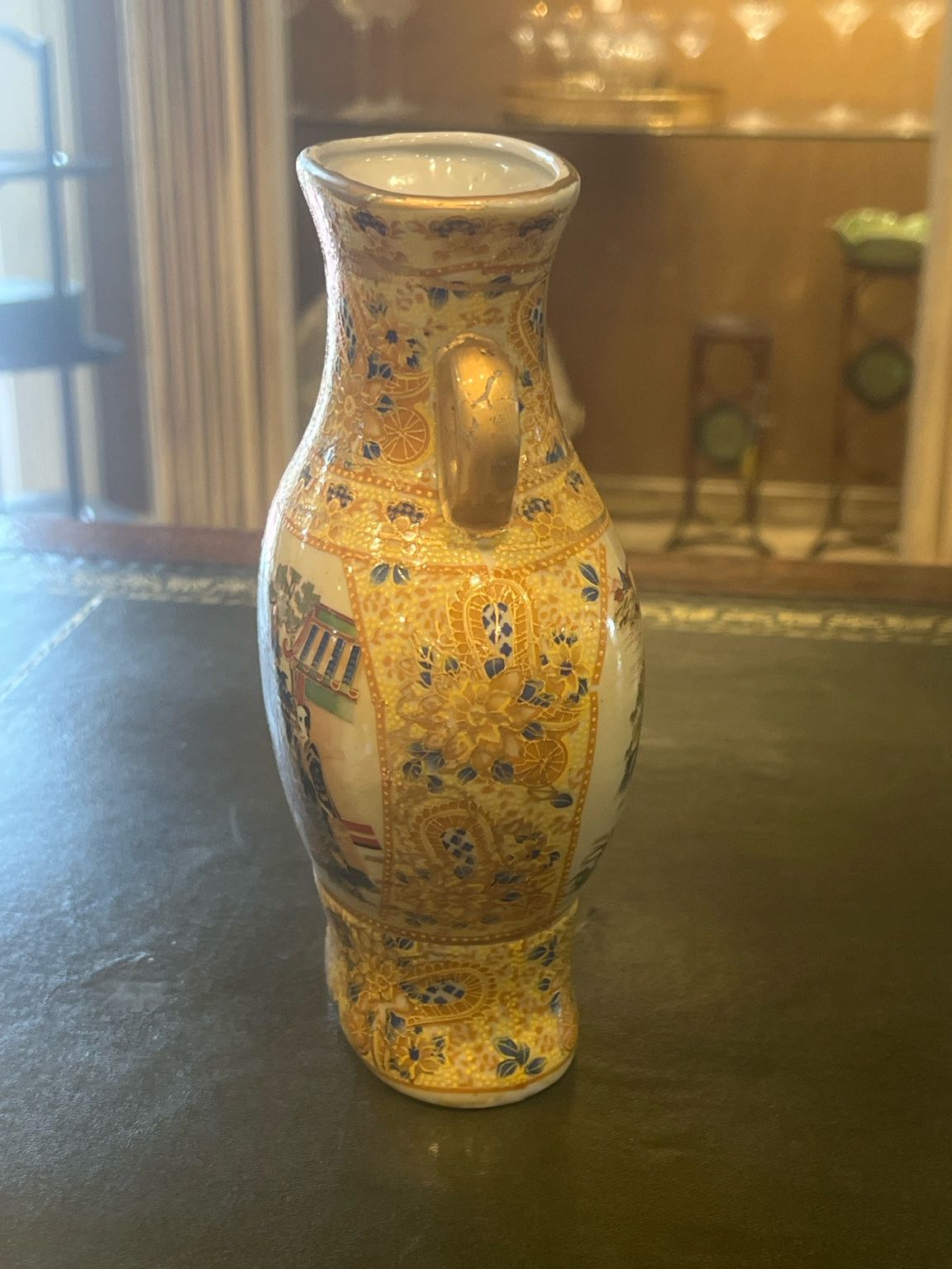 Vintage Japanese Satsuma Style Vase Double Handle Moriage 2