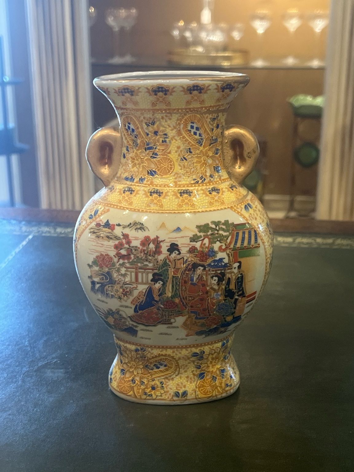 Vintage Japanese Satsuma Style Vase Double Handle Moriage