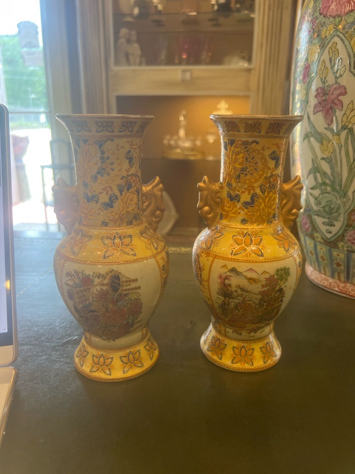 Pair Vintage Japanese Satsuma Style Mini Vases Double Handle