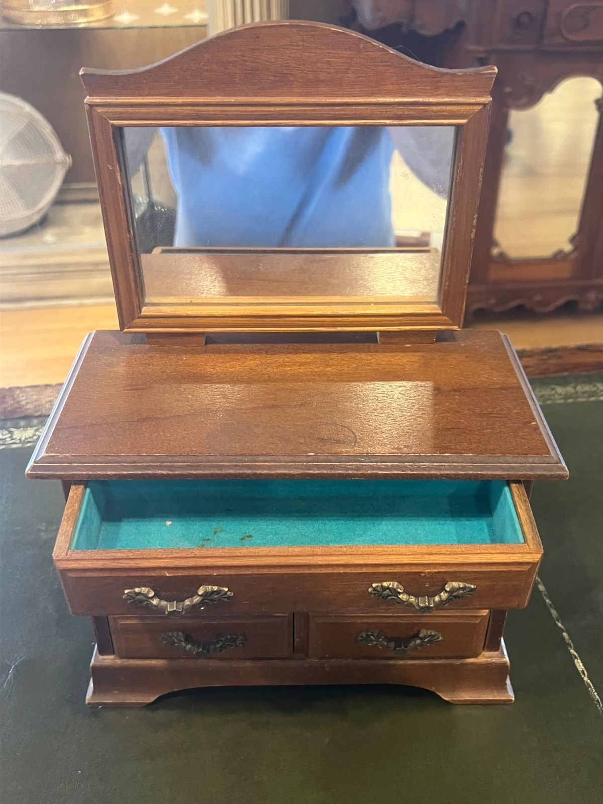 Vintage Wooden Jewelry Box Dresser Chest w/ Mirror 5 Drawer Valet 3