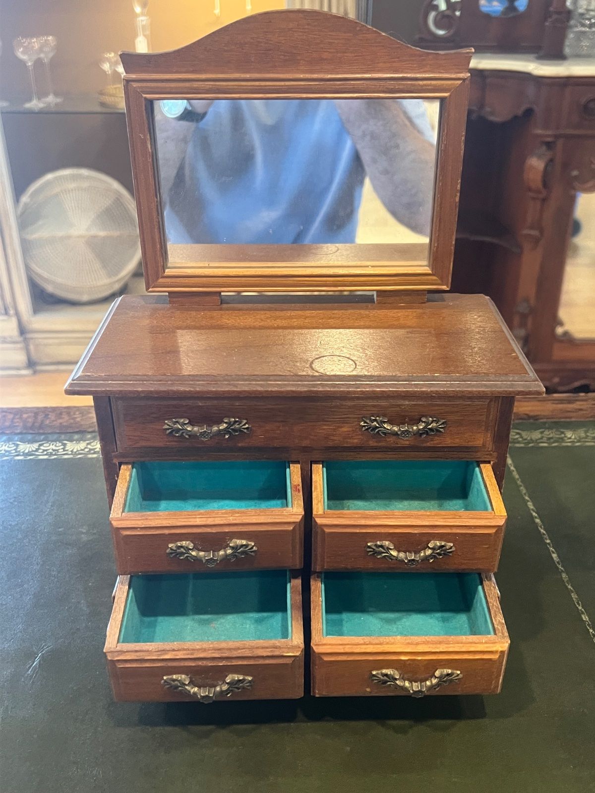 Vintage Wooden Jewelry Box Dresser Chest w/ Mirror 5 Drawer Valet 2