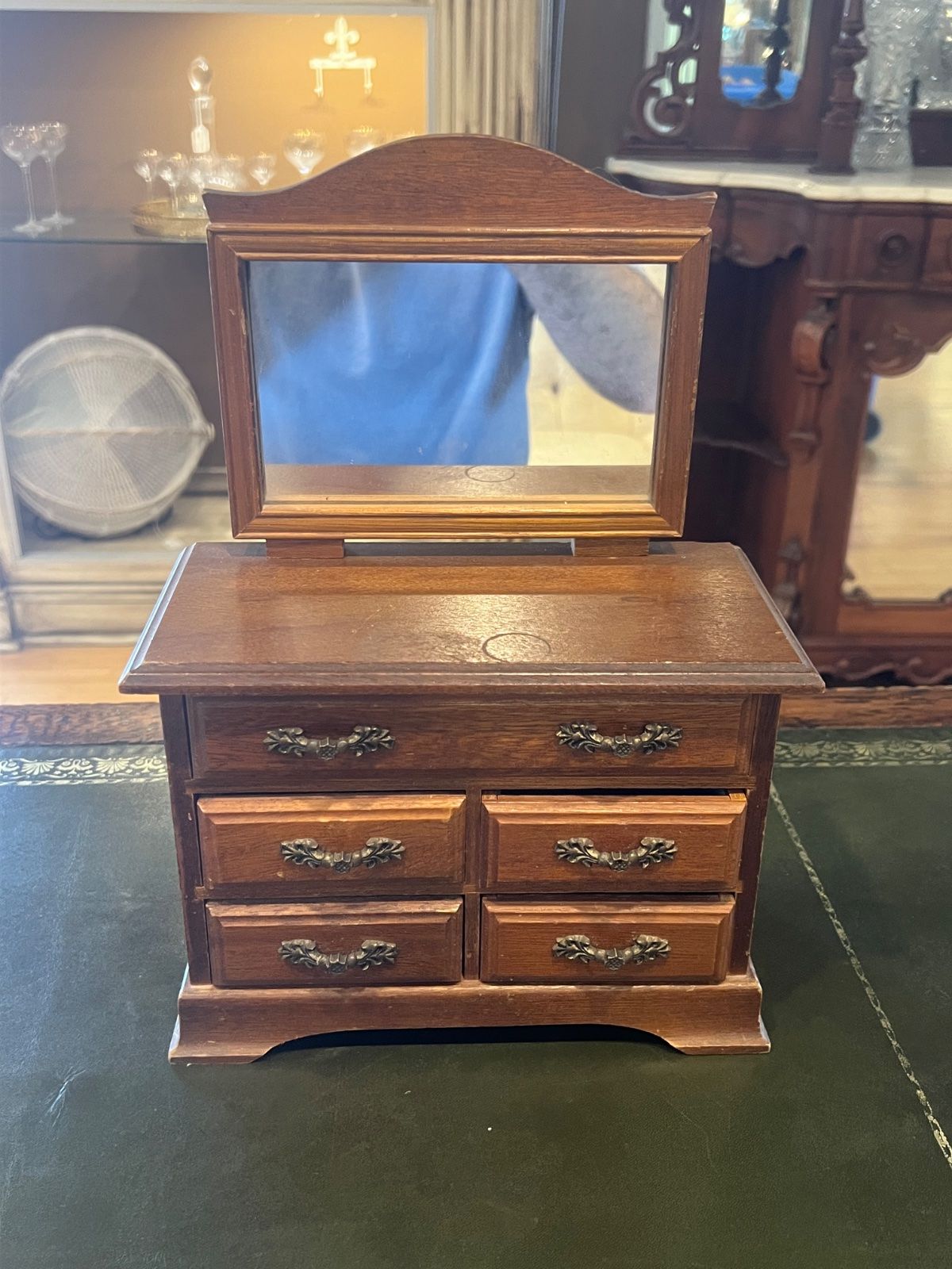 Vintage Wooden Jewelry Box Dresser Chest w/ Mirror 5 Drawer Valet