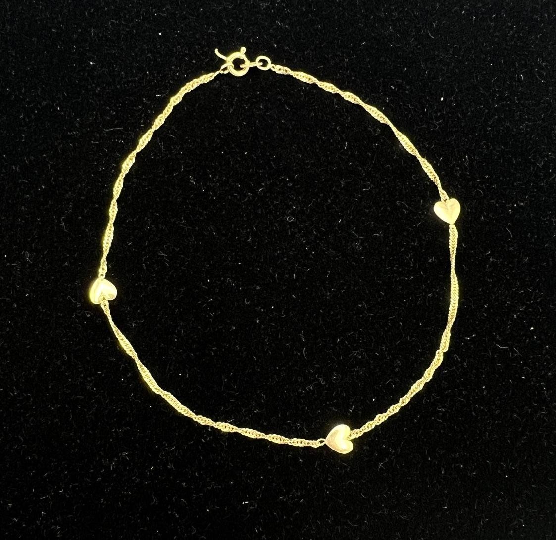 14k Gold Delicate Chain Bracelet with Heart Charms. 9" Length