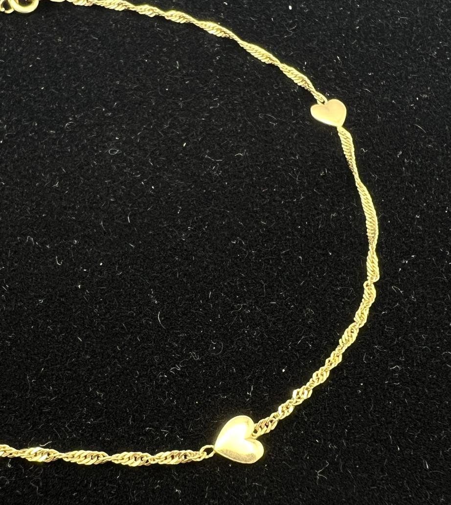 14k Gold Delicate Chain Bracelet with Heart Charms. 9" Length 2