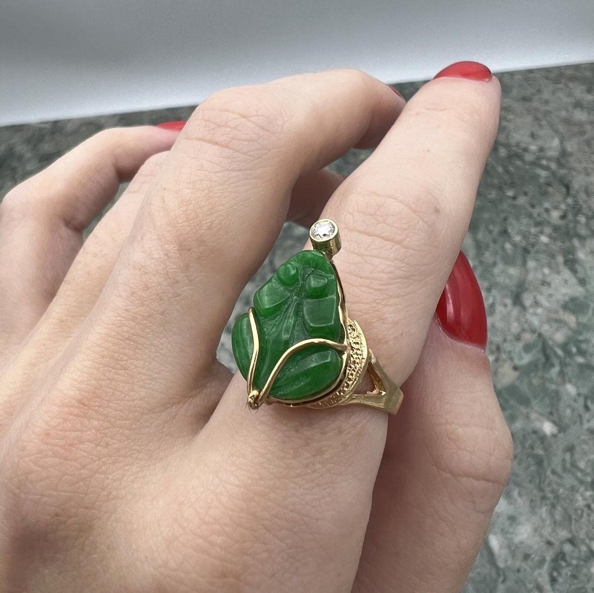 18k Carved Green Jade Ring Gold Setting with Diamond Accent 3