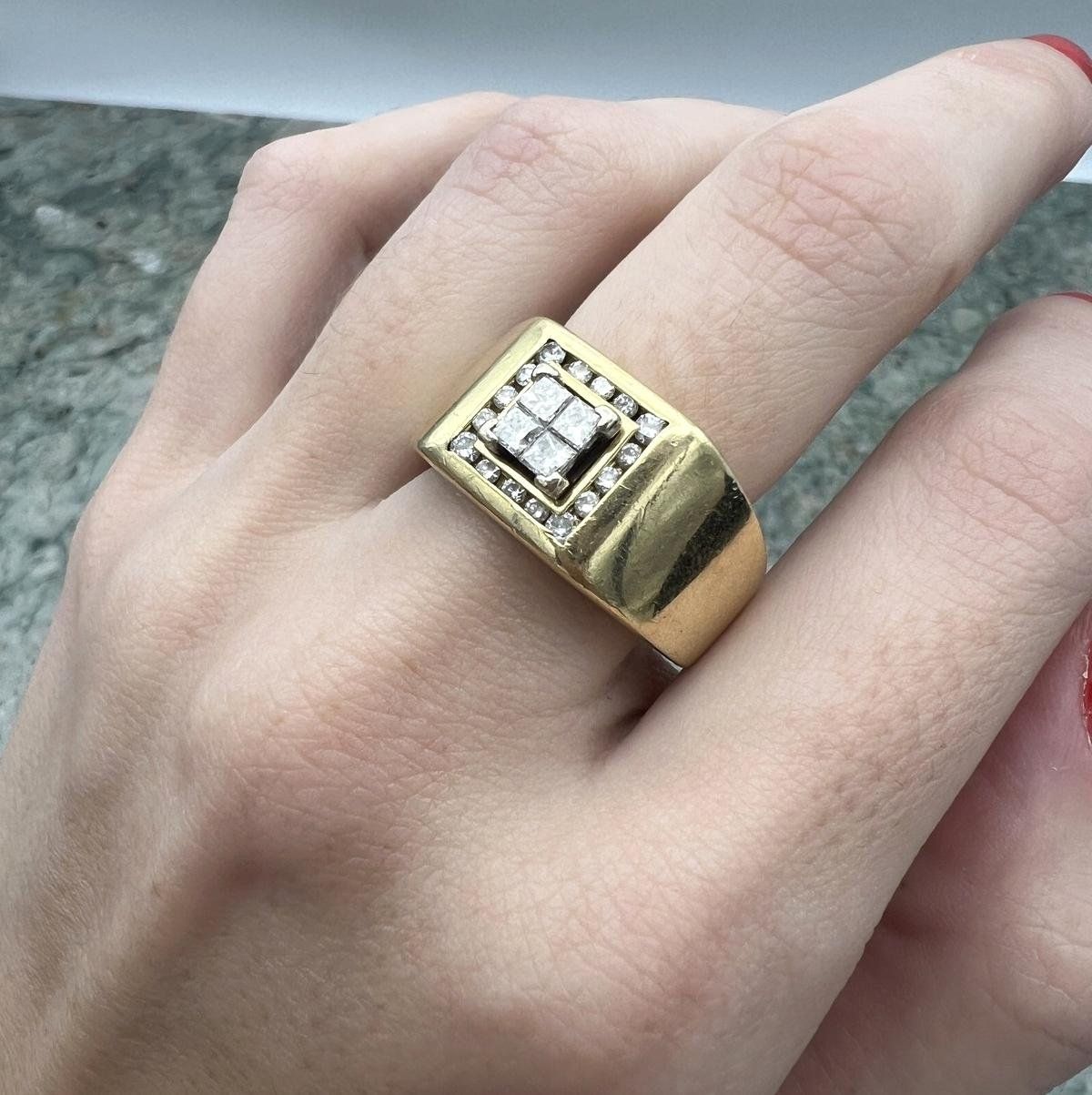 14K Yellow Gold Diamond Cluster Men's Ring Princess & Round Cut 3