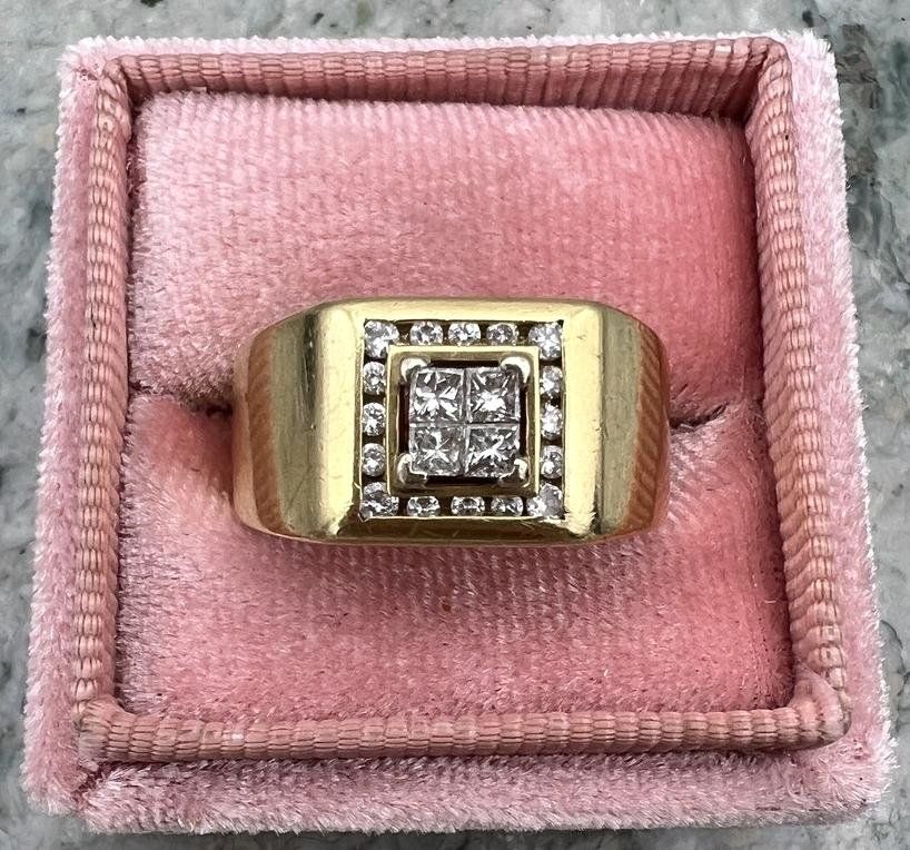 14K Yellow Gold Diamond Cluster Men's Ring Princess & Round Cut