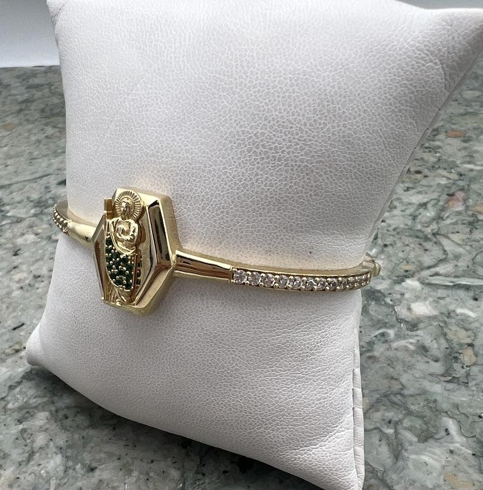 14k Gold San Judas Tadeo Bangle Bracelet with Clear & Green Stones 2
