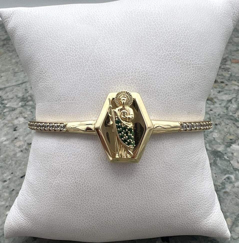 14k Gold San Judas Tadeo Bangle Bracelet with Clear & Green Stones