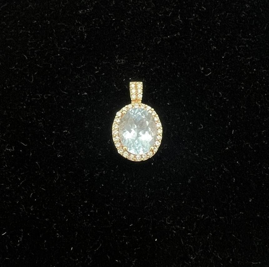 14k Rose Gold Oval Aquamarine & Diamond Halo Pendant