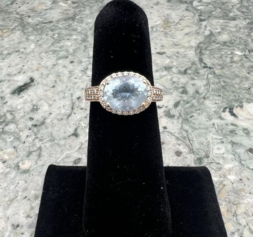 14k Rose Gold Aquamarine & Diamond Halo Ring Oval Cut 2