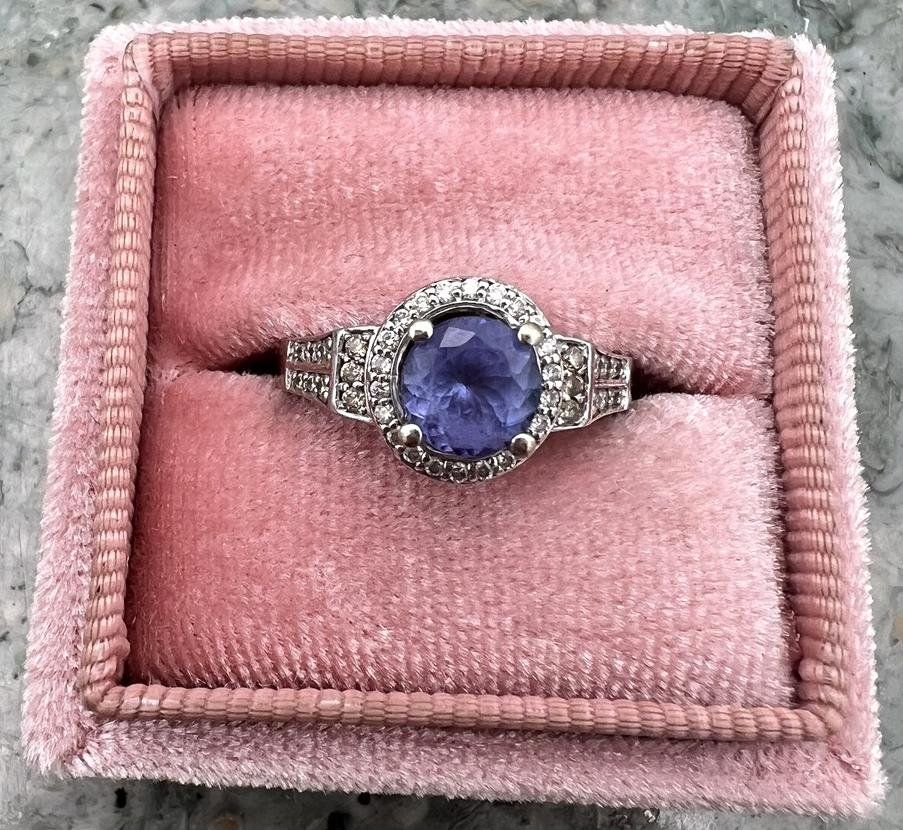14k White Gold Tanzanite & Diamond Halo Cocktail Ring
