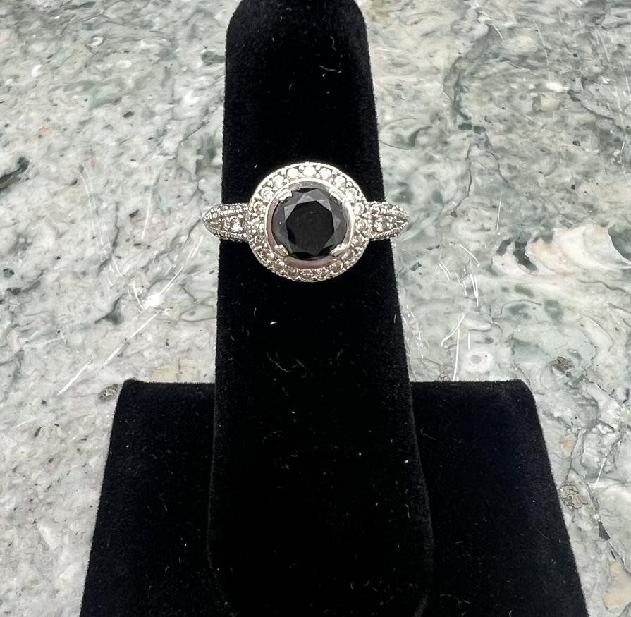 14k White Gold Black Stone Halo Ring with Diamond Accents 2