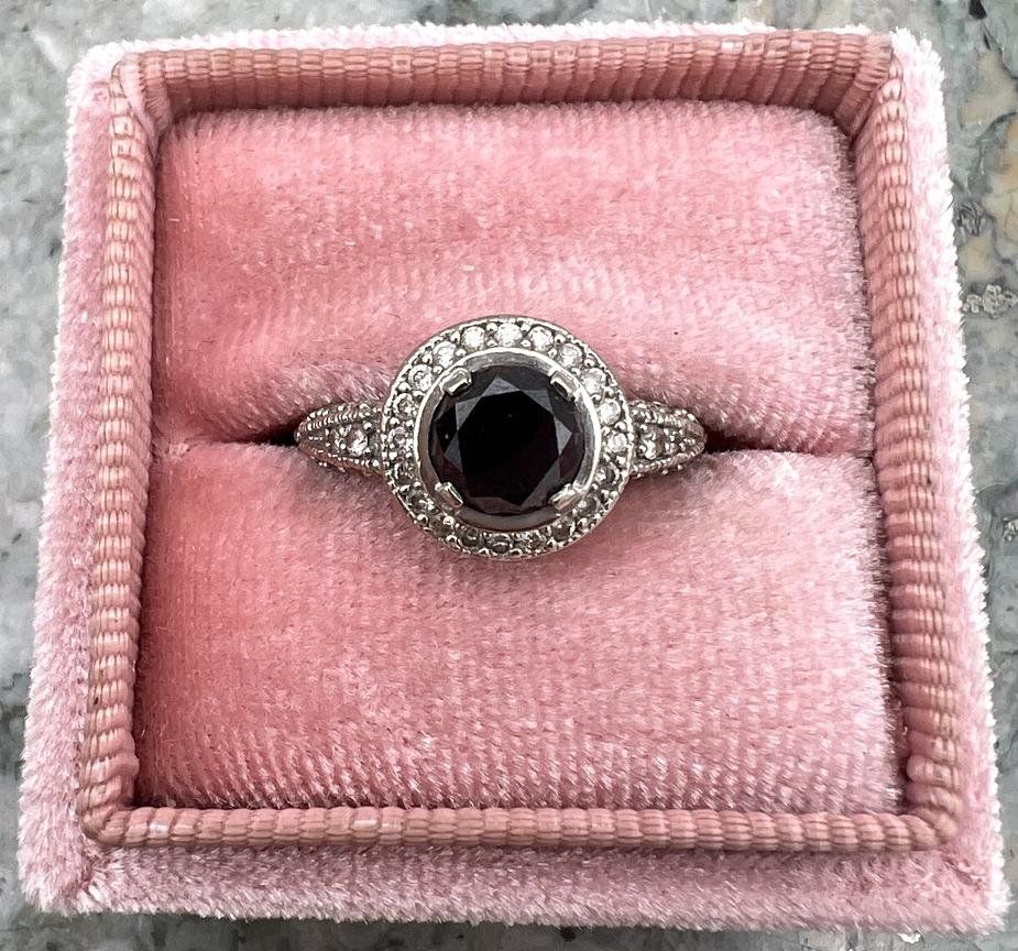 14k White Gold Black Stone Halo Ring with Diamond Accents