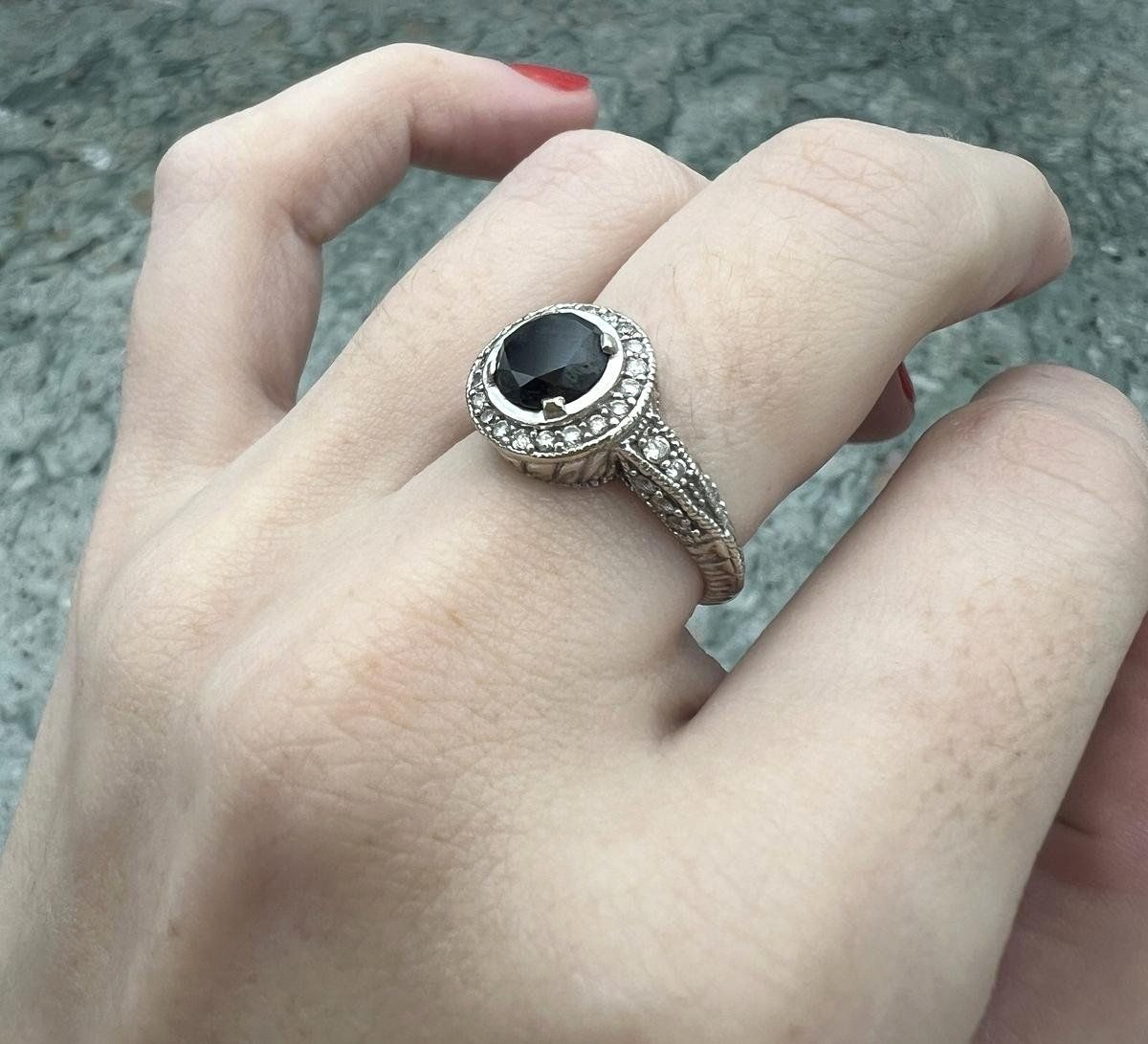 14k White Gold Black Stone Halo Ring with Diamond Accents 3