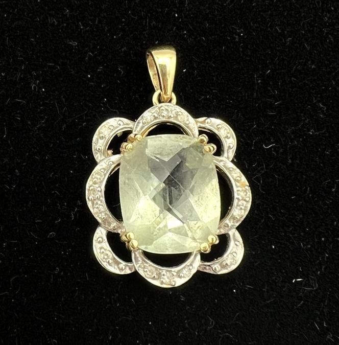 14k Gold Pendant with Light Green Cushion Cut Stone & Diamond Accents