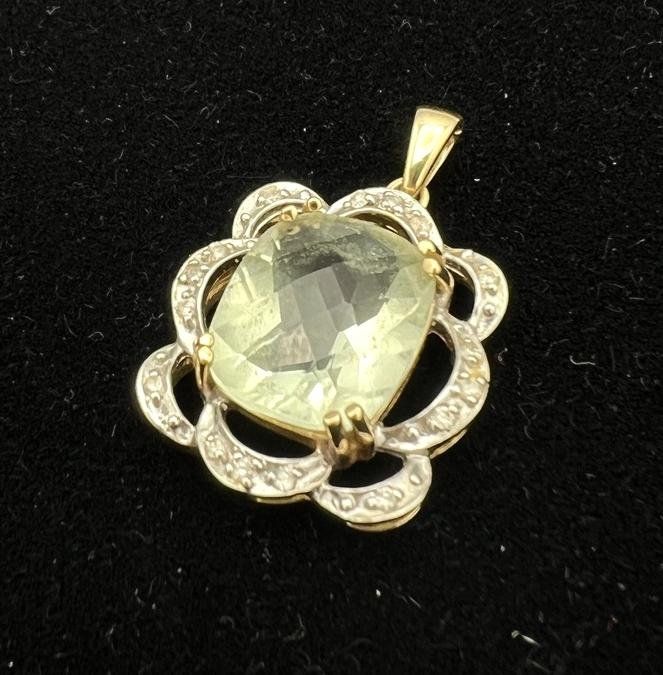 14k Gold Pendant with Light Green Cushion Cut Stone & Diamond Accents 2