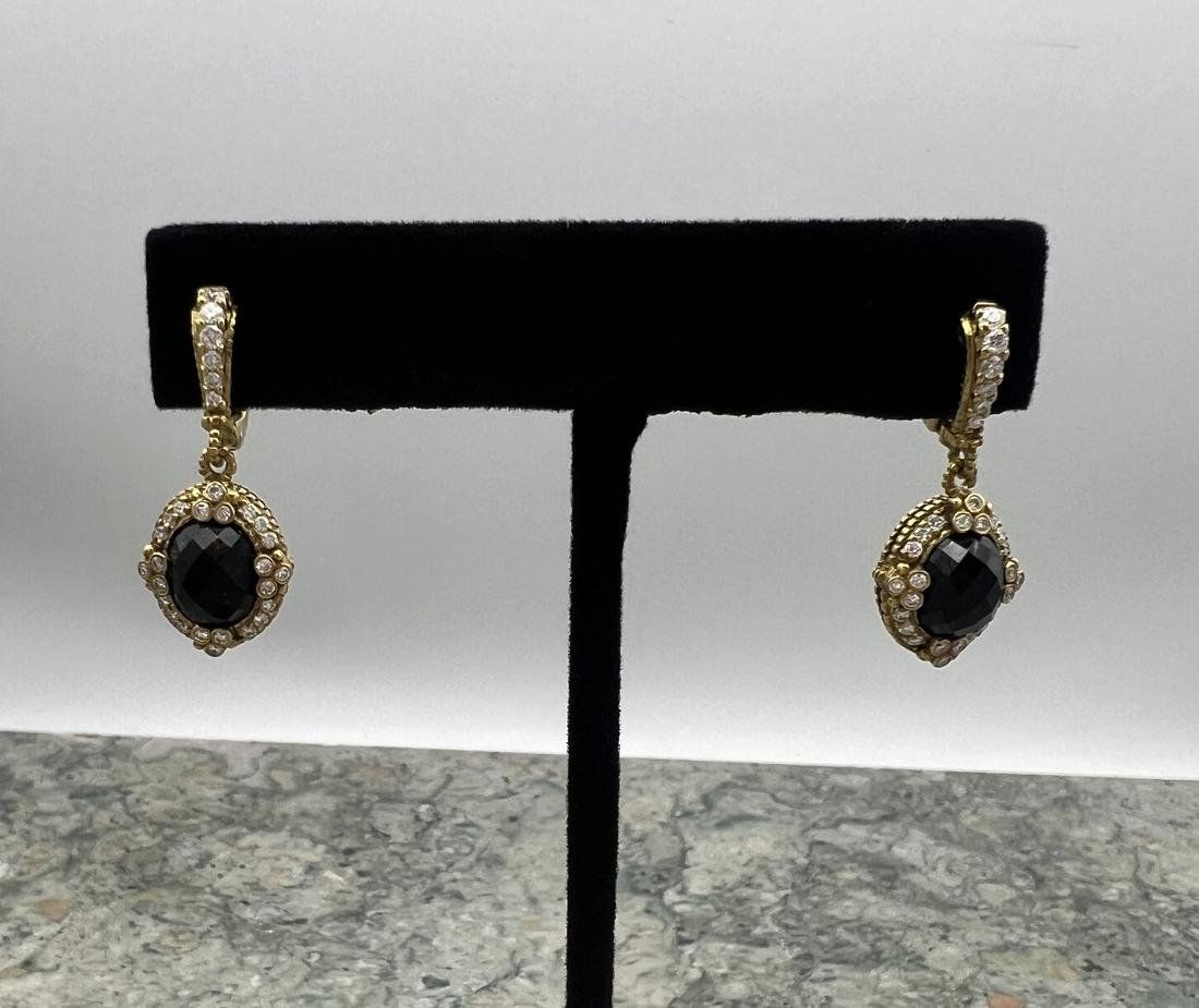 18k Gold Drop Earrings with Black Faceted Stones & Diamond Accents 2