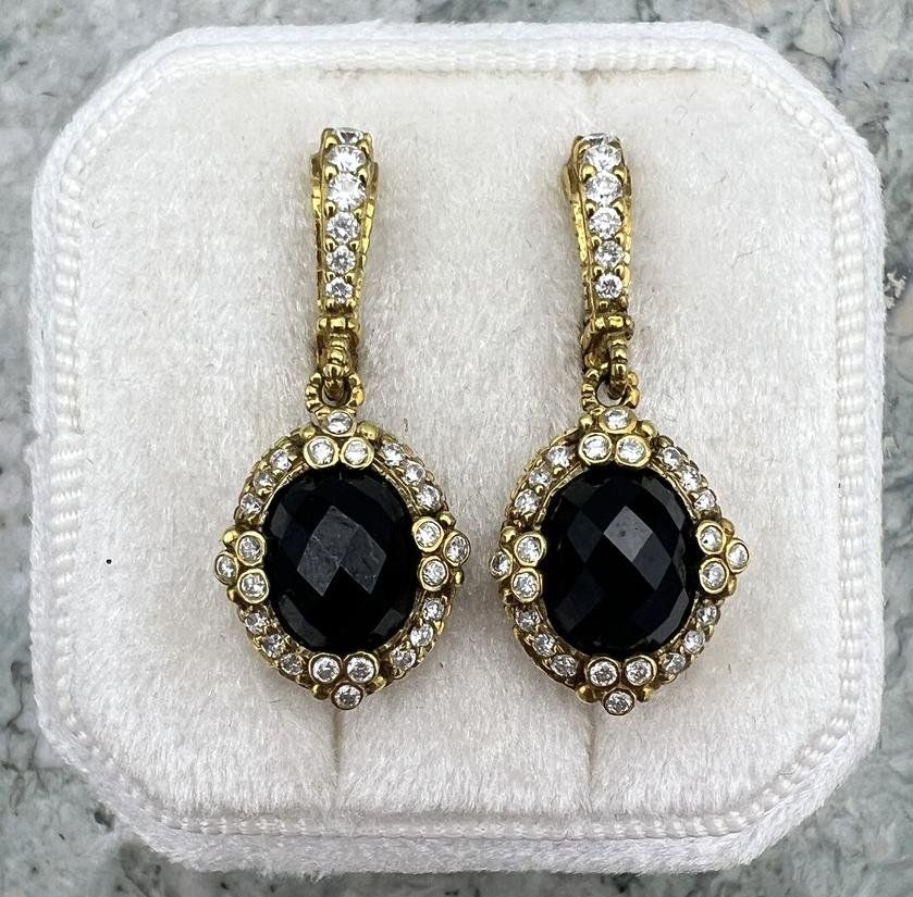 18k Gold Drop Earrings with Black Faceted Stones & Diamond Accents