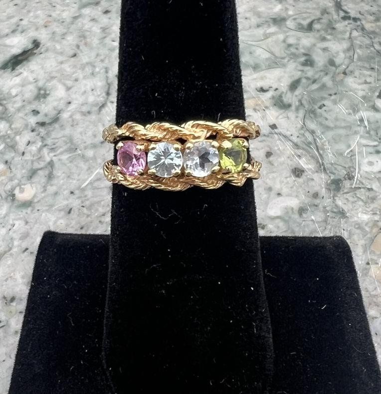 14k Gold Multi-Stone Mother's Ring Rope Band Design 2