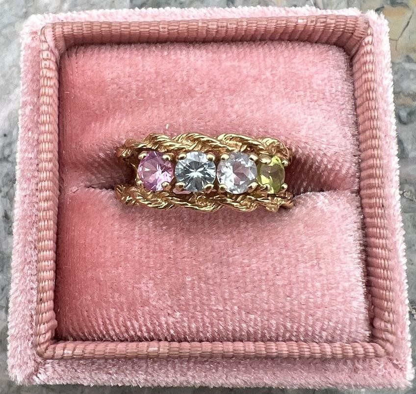 14k Gold Multi-Stone Mother's Ring Rope Band Design