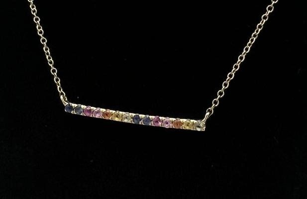 14k Gold Bar Necklace with Multi-Color Stones. 16"-19" Adjustable Chain 2