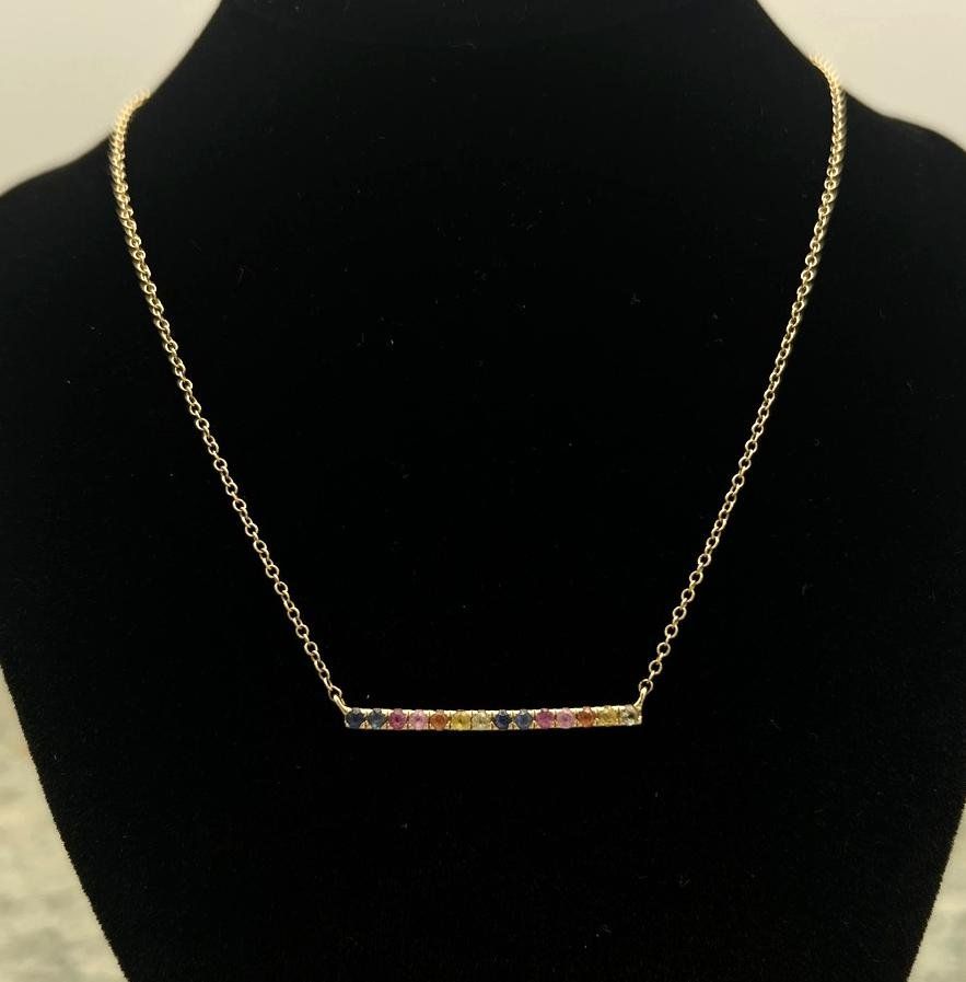 14k Gold Bar Necklace with Multi-Color Stones. 16"-19" Adjustable Chain 3