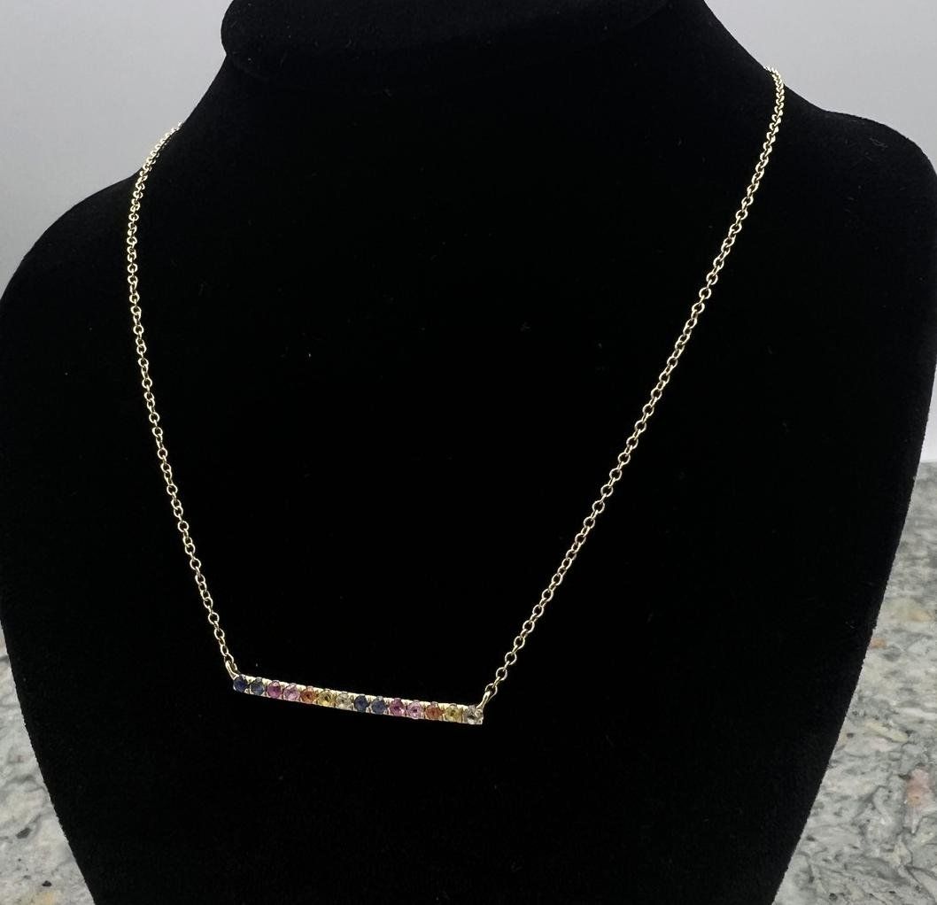 14k Gold Bar Necklace with Multi-Color Stones. 16"-19" Adjustable Chain