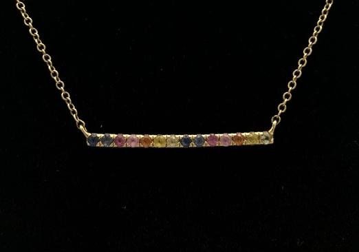14k Gold Bar Necklace with Multi-Color Stones. 16"-19" Adjustable Chain 4