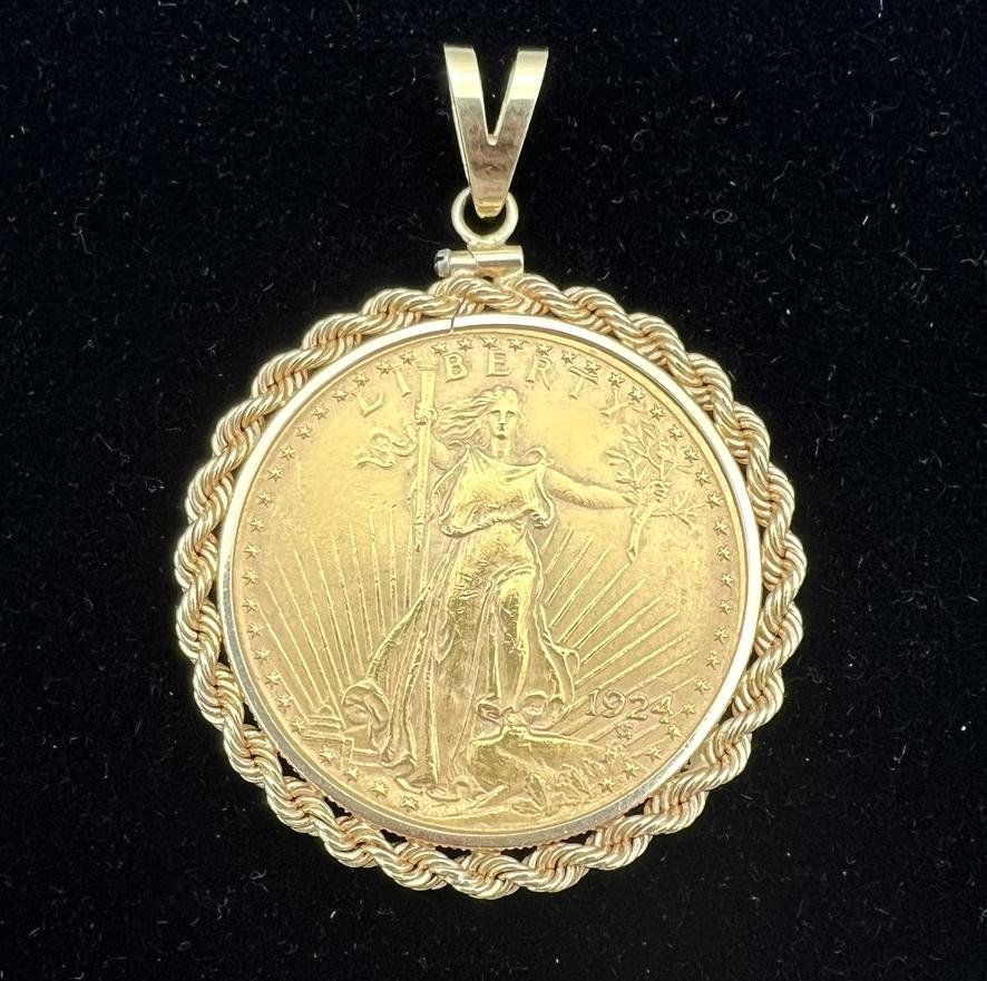 1924 Saint-Gaudens $20 Gold Coin Pendant in 14K Rope Bezel