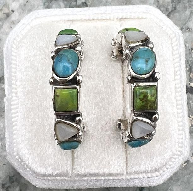 Sterling Silver Multi-Stone Half Hoop Earrings Turquoise Green
