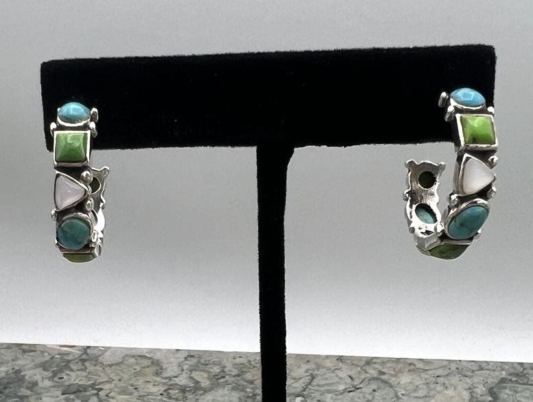 Sterling Silver Multi-Stone Half Hoop Earrings Turquoise Green 3