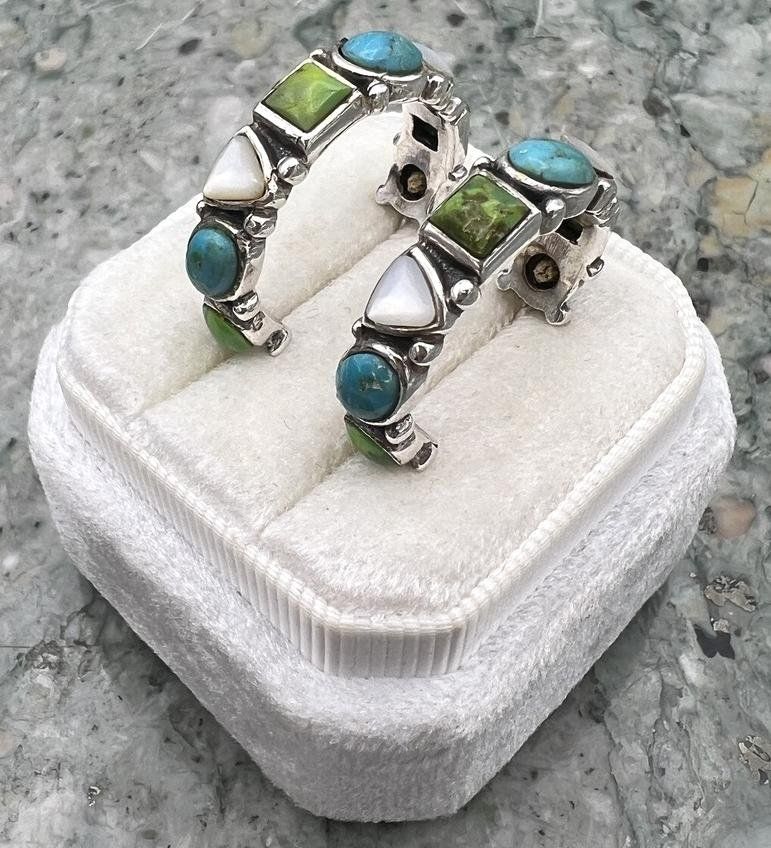 Sterling Silver Multi-Stone Half Hoop Earrings Turquoise Green 2